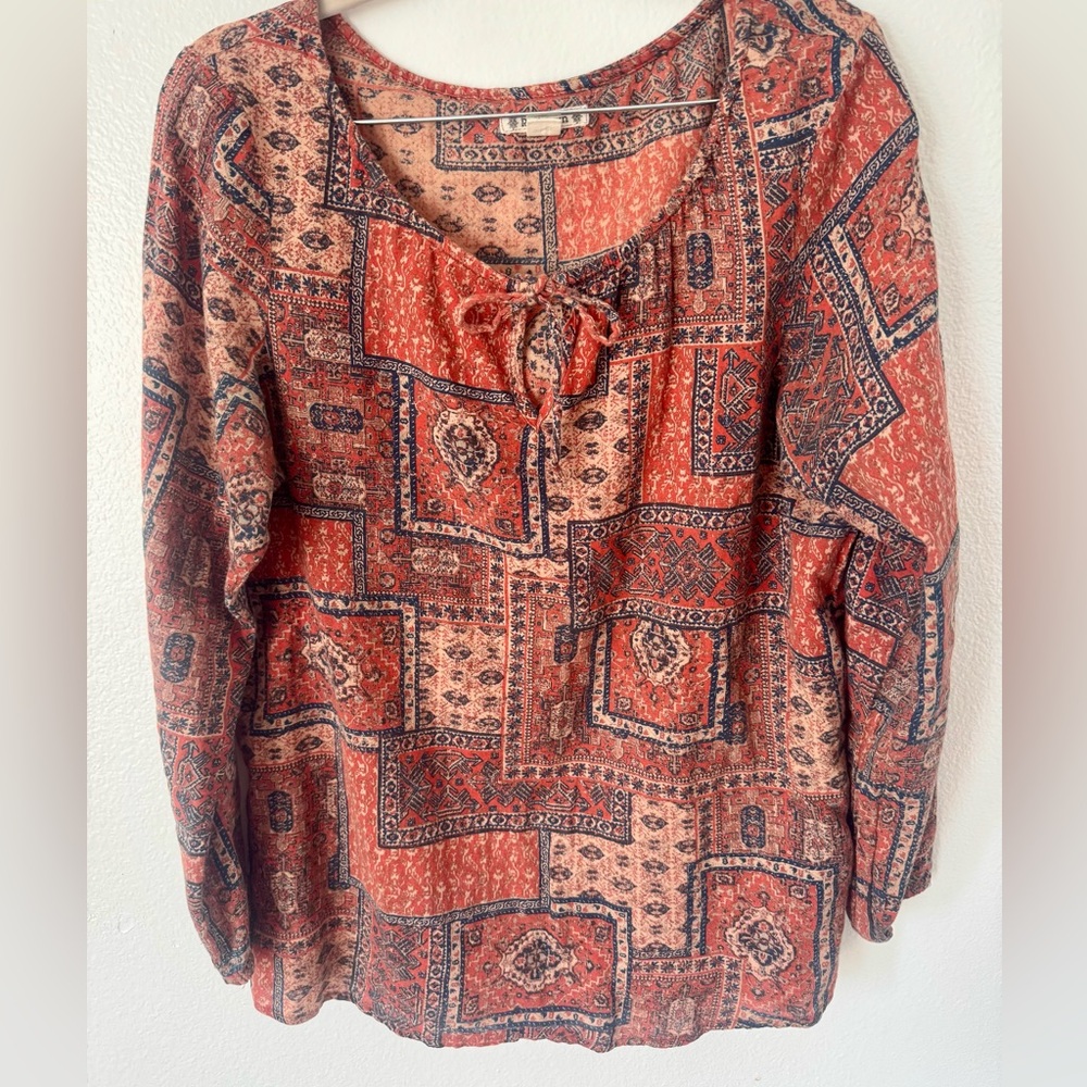 Ruff Hewn Red Patchwork Tie-Neck Peasant Tunic Boho Western